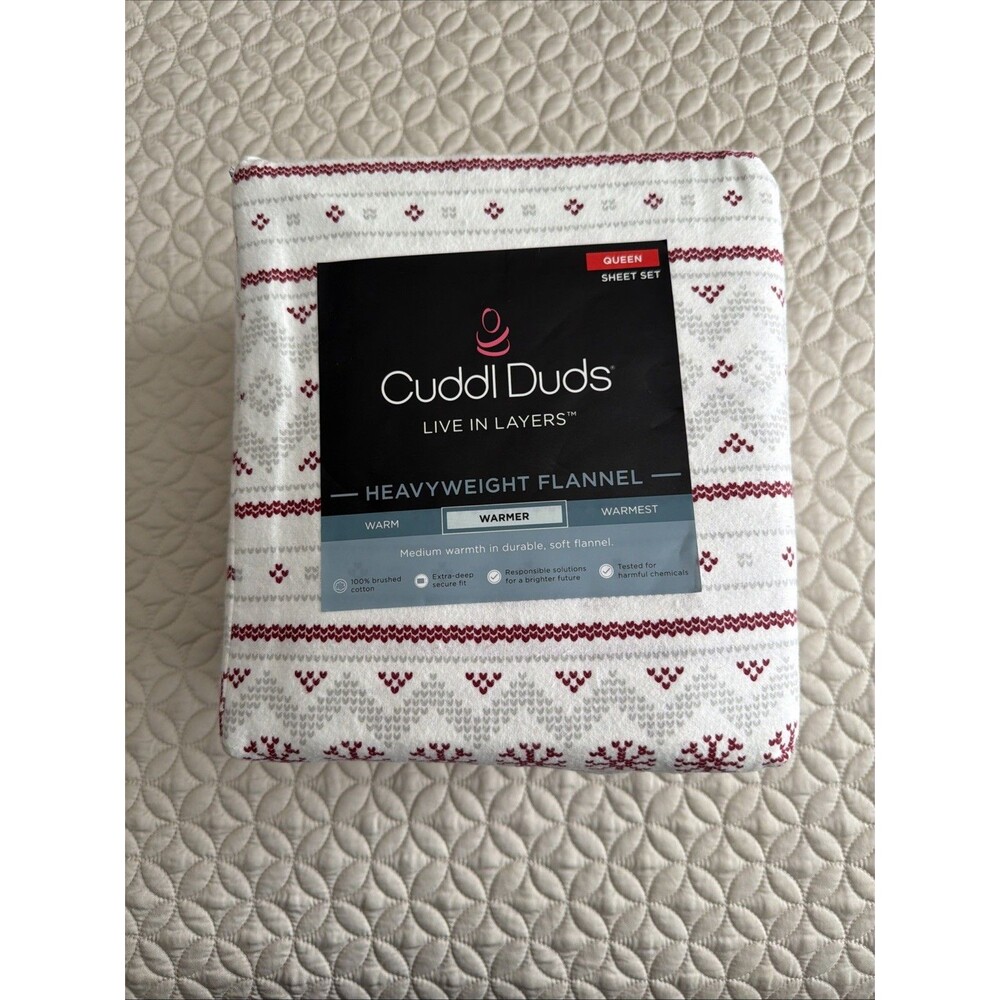 NEW Cuddl Duds Heavyweight Cotton Flannel Sheet Set. QUEEN Snowflake Fairisle